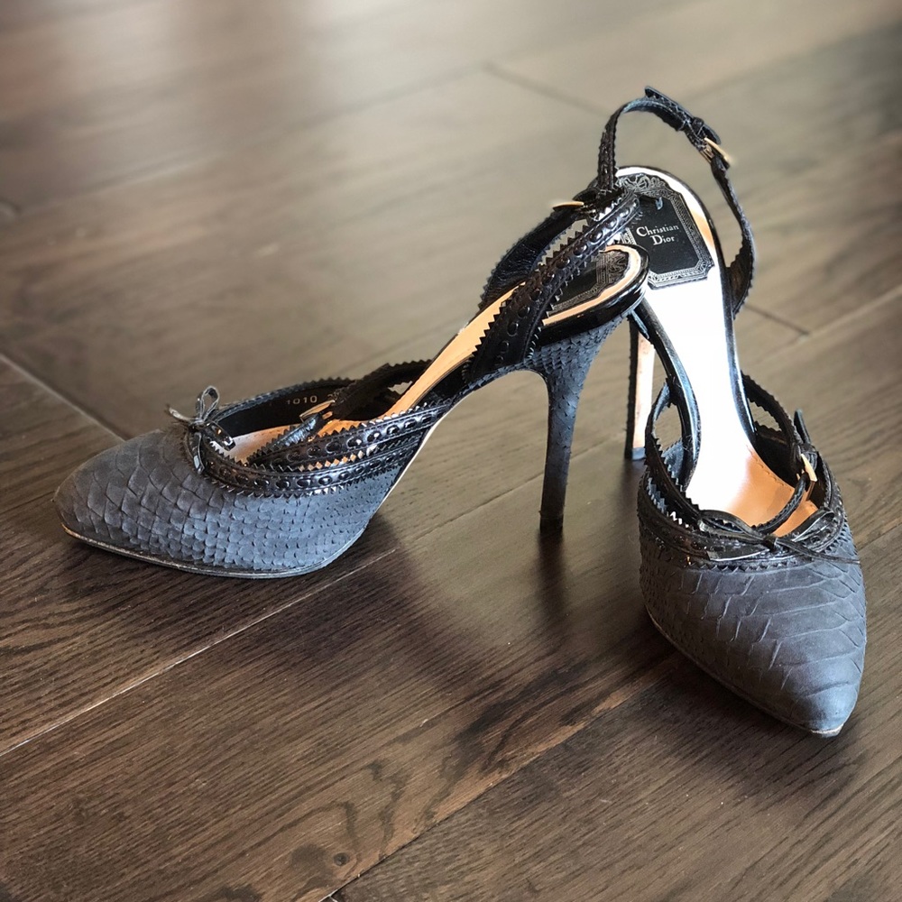 Dior Black Python Slingback Pumps.  Size 37.5